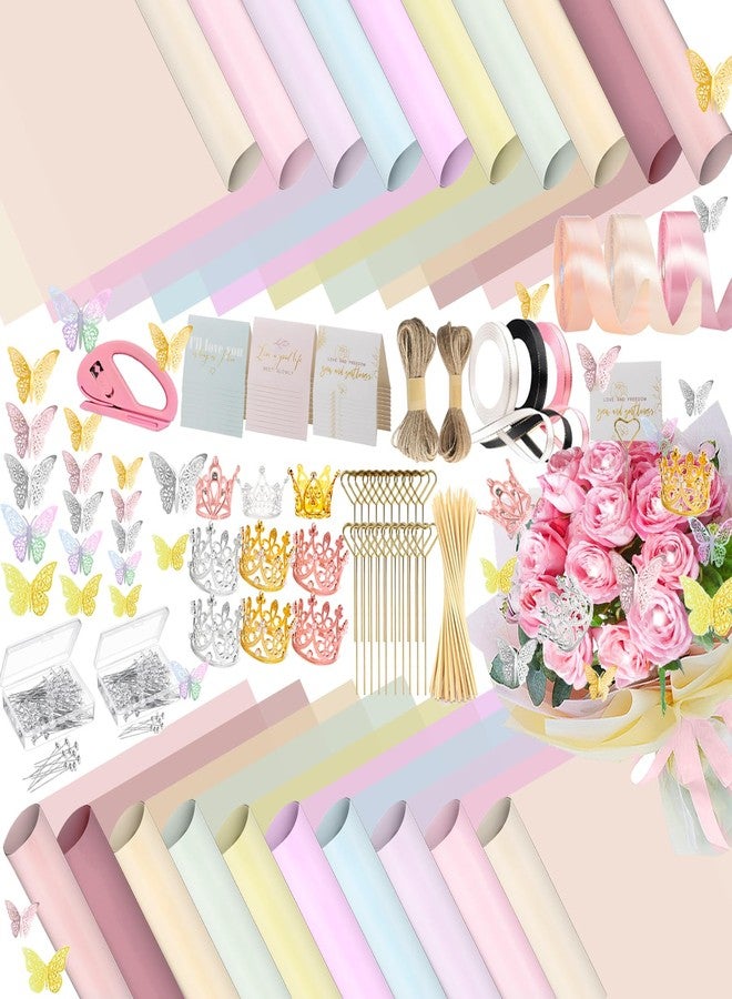 DNSGOOR 548Pcs Flower Wrapping Paper Kit with 200Sheets Waterproof Bouquet Wrapping Paper Decor Crowns 3D Butterfly Bouquet Pins Ribbons for Valentines Graduation Birthday Home Party - Image 1